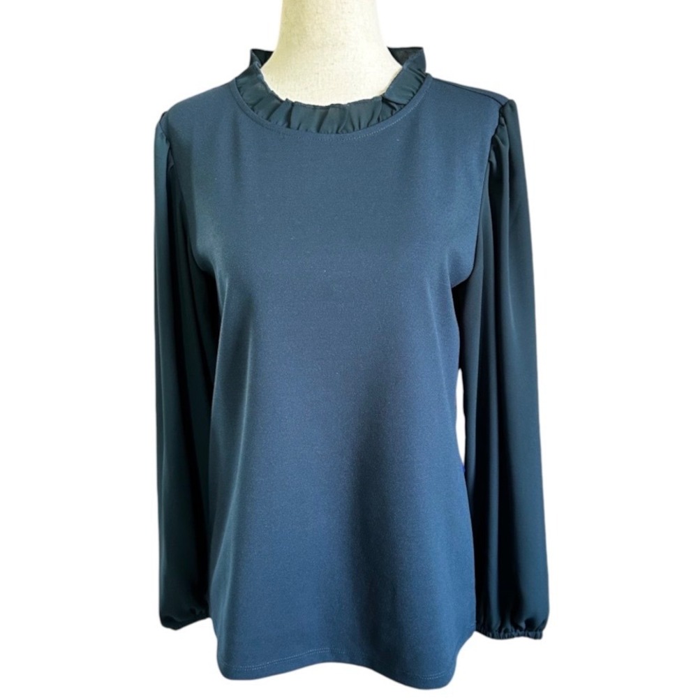 Ann Taylor Women Small Dark Teal Ruffle Neck Puff Long Sleeve Blouse Top | 0143